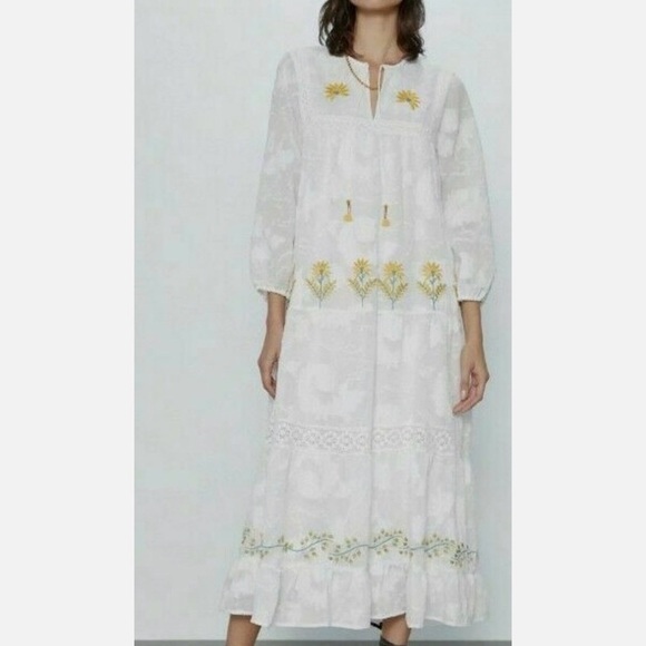Zara White Maxi Dress with Yellow Floral Embroidery - Picture 2 of 6